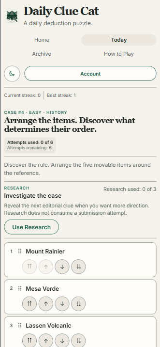 Daily Clue Cat mobile puzzle with navigation, streaks, case details, Research, attempts, and stacked item-order controls