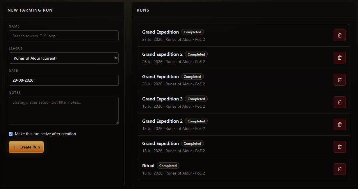 Exile Metrics run history showing All Runs, Active, and Completed filters with run names, league, start and end dates, and duration